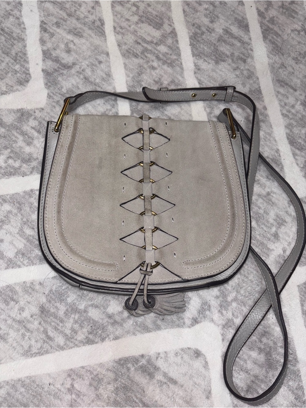 Vince Camuto Light Gray Suede Crossbody Saddle Bag with Braided Detail